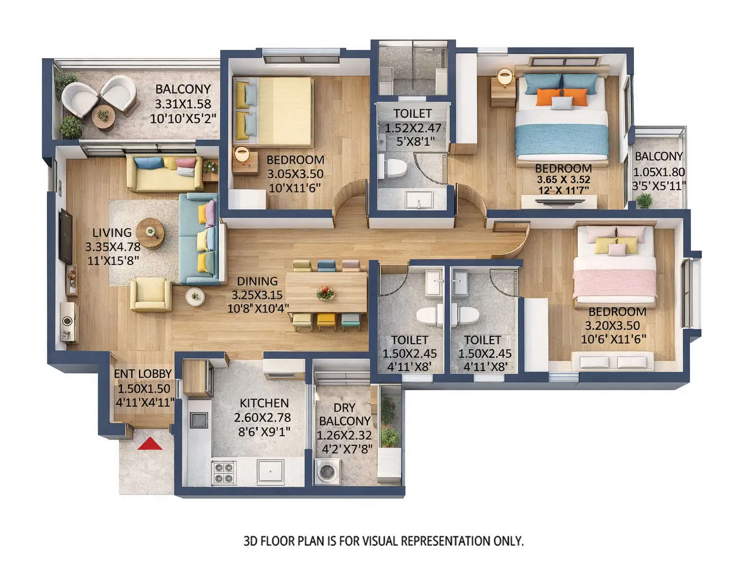 Floor plan for 3 BHK