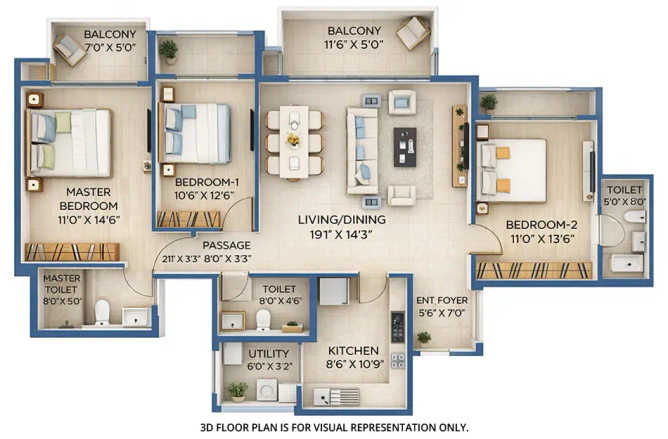 Hiranandani Golden Willows Panvel - Floor plan 3 BHK 1168 Sq.ft