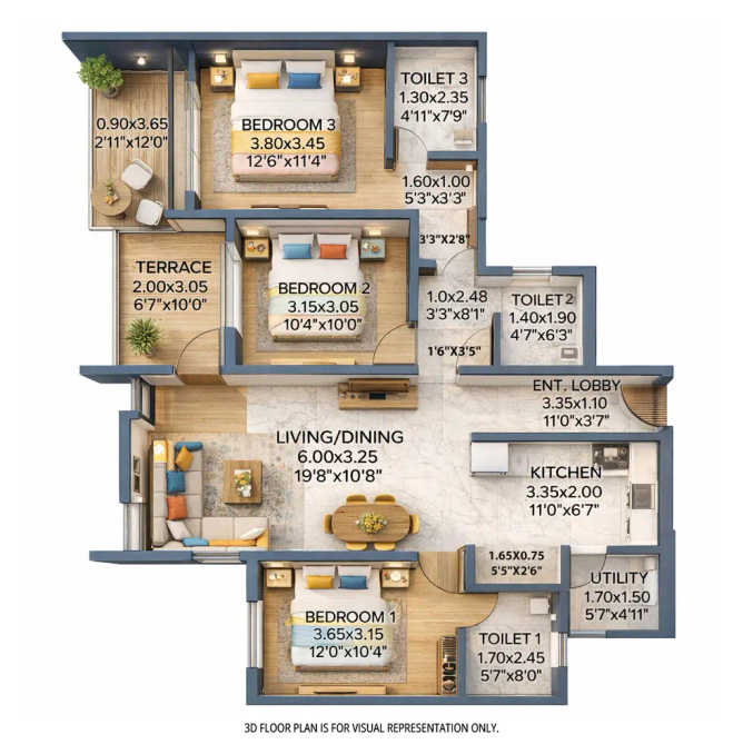 Rohan Abhilasha Wagholi - Floor plan 3 BHK 1085 Sq.ft