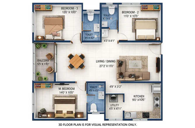 Urbanrise The Lakes Edge Madhavaram - Floor plan 3 BHK 1578 Sq.ft