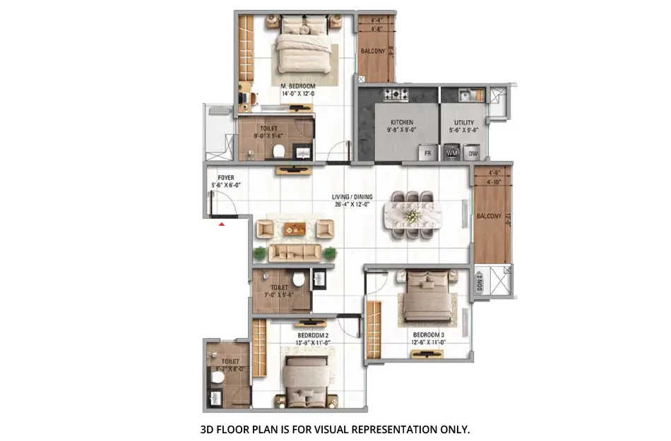 TVS Emerald Altura Sathanur - Floor plan 3 BHK 1901 Sq.ft