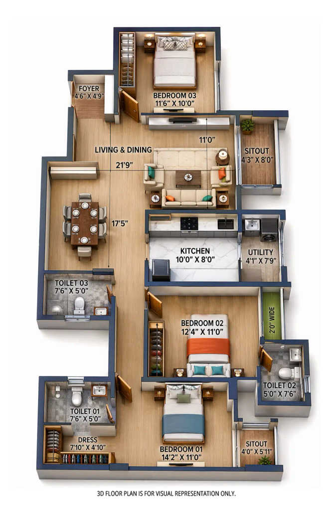 Goyal Orchid Salisbury Panathur - Floor plan 3 BHK 1650 Sq.ft