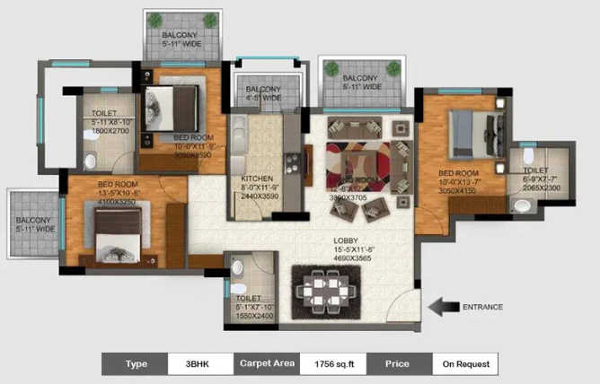 DLF Regal Gardens Sector 90 Gurgaon - Floor plan 4 BHK 1756 Sq.ft