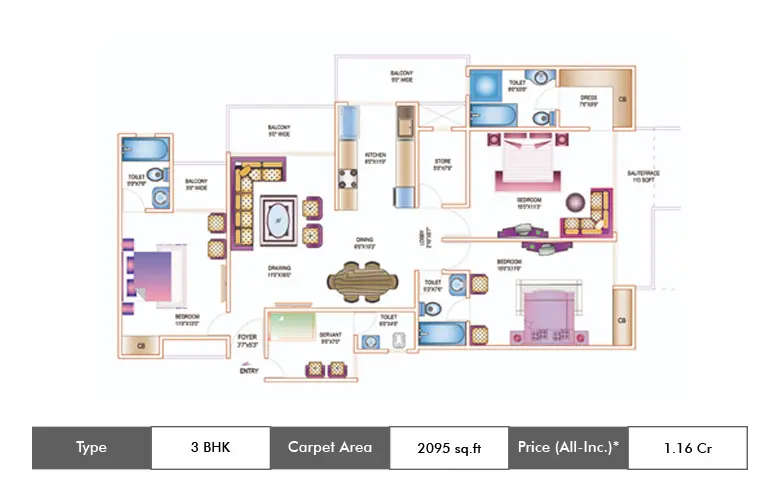 Floor plan for 3 BHK