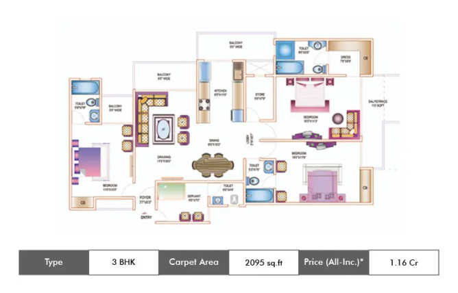 Ajnara Daffodil Sector 137 - Floor plan 3 BHK 2095 Sq.ft