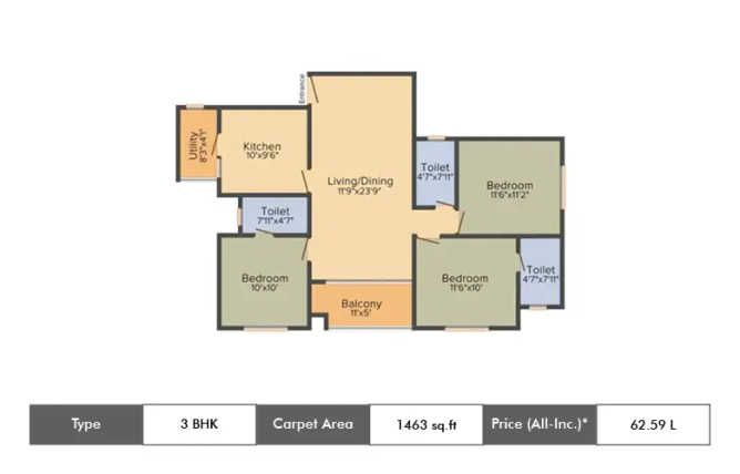 Pacifica Happiness Towers Padur - Floor plan 3 BHK 1463 Sq.ft