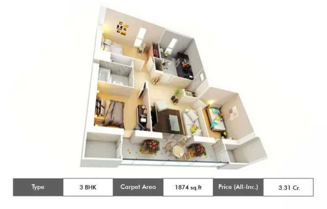 Appaswamy Clover By The River Adyar - Floor plan 3 BHK 1874 Sq.ft