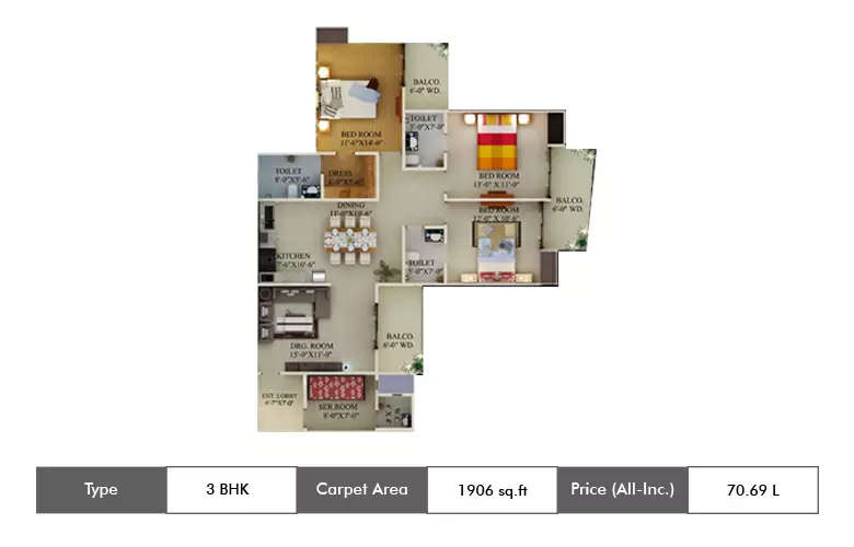 Floor plan for 3 BHK