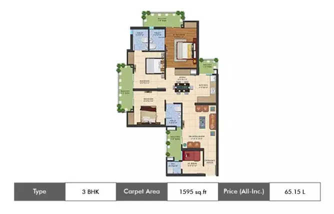 Ajnara Le Garden Sector 16B Greater Noida W - Floor plan 3 BHK 1595 Sq.ft