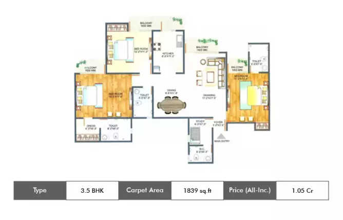 Amrapali Pan Oasis Sector 70 - Floor plan 3.5 BHK 1839 Sq.ft