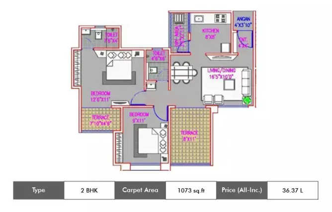 Majestique City Wagholi - Floor plan 2 BHK 1073 Sq.ft