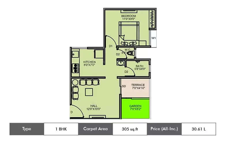 Floor plan for 1 BHK