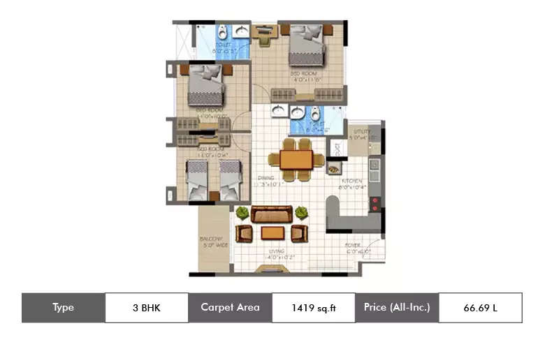 Floor plan for 3 BHK