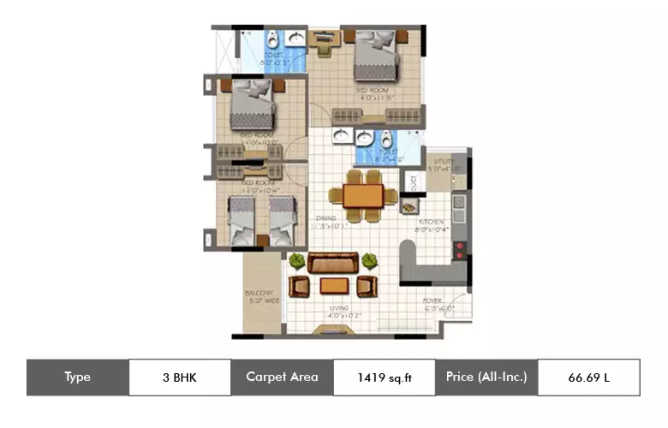 Supertech Micasa Thanisandra - Floor plan 3 BHK 1419 Sq.ft