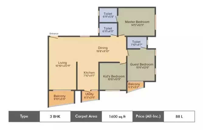 Kolte Patil Mirabilis Krishnarajapura - Floor plan 3 BHK 1600 Sq.ft