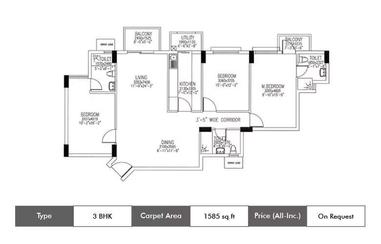 Floor plan for 3 BHK