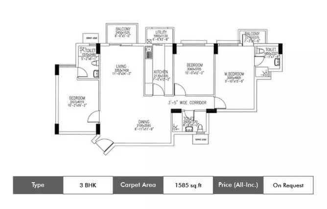 DLF Westend Heights Akshaya Nagar - Floor plan 3 BHK 1585 Sq.ft