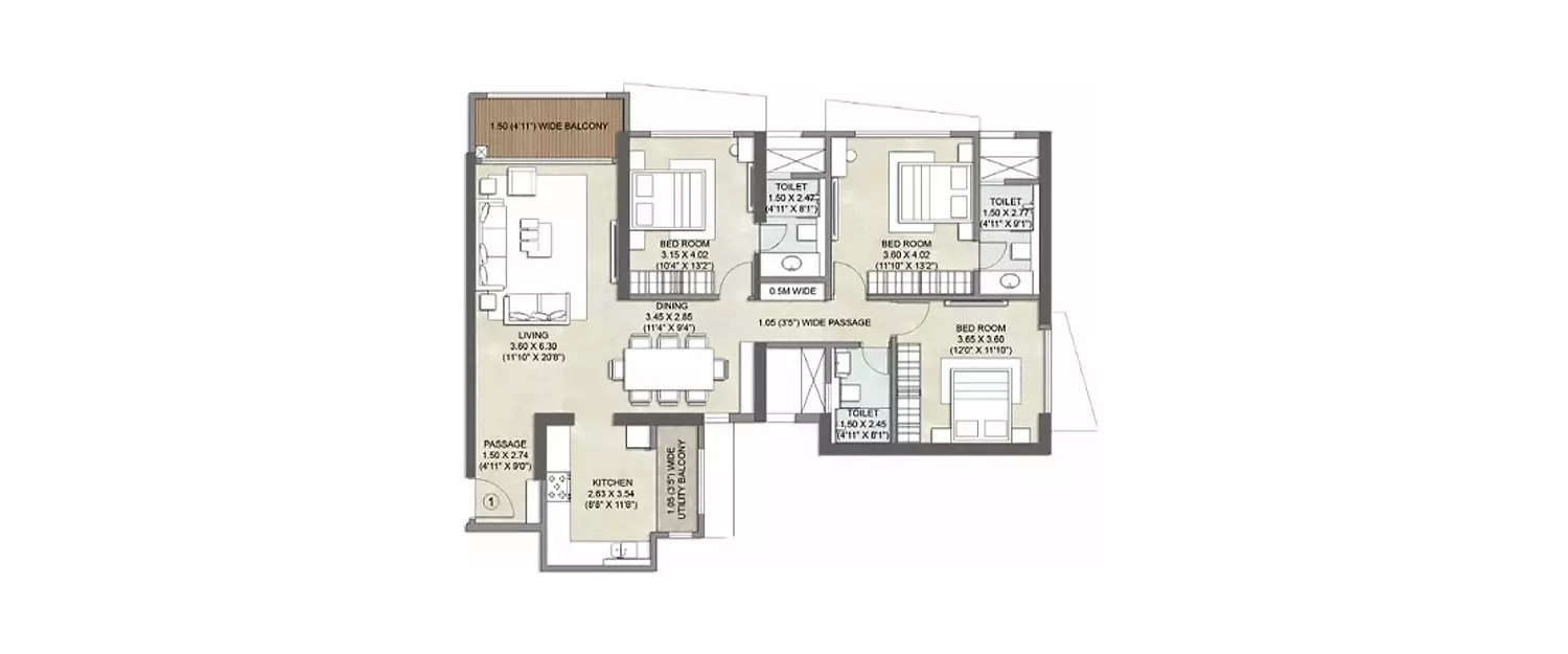 Floor plan for 3 BHK