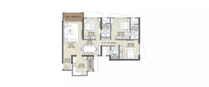 Kalpataru Radiance Goregaon - Floor plan 3 BHK 1318 Sq.ft