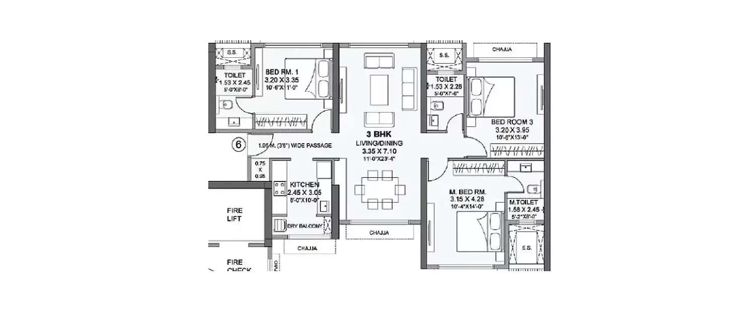 Floor plan for 3 BHK