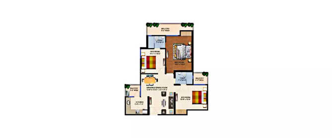 Ajnara Panorama Sector 22A - Floor plan 3 BHK 1295 Sq.ft