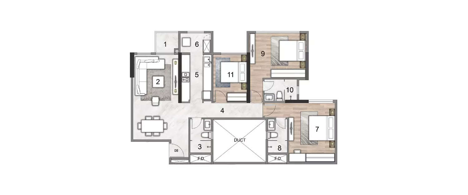 Floor plan for 3 BHK