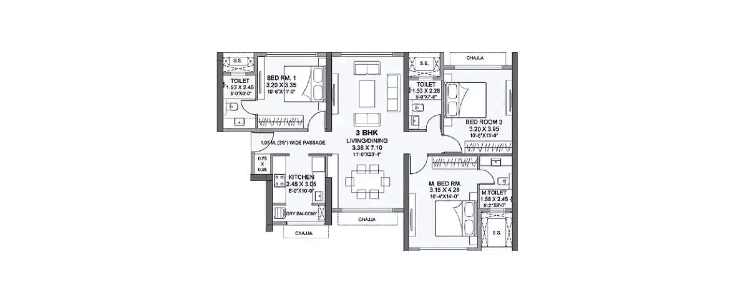 Floor plan for 3 BHK