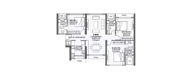 Wadhwa AER Mulund - Floor plan 3 BHK 854 Sq.ft