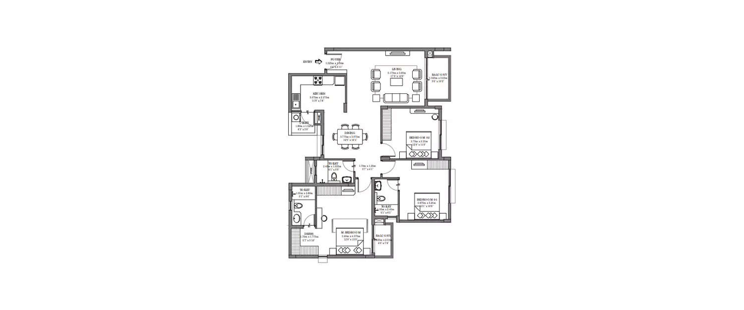 Floor plan for 3 BHK