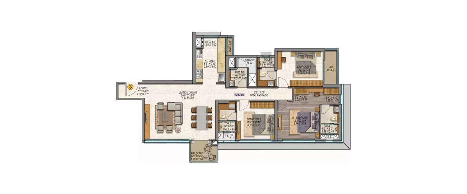Floor plan for 3 BHK