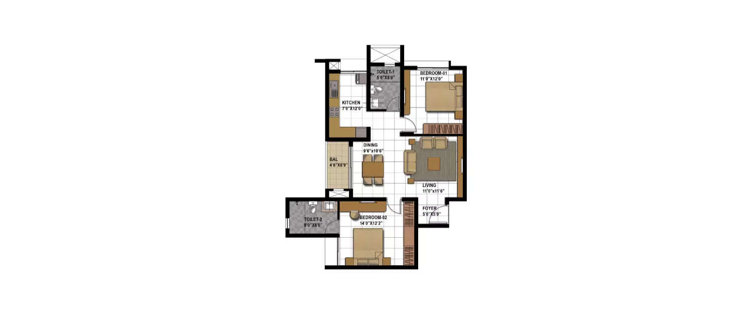 Floor plan for 2 BHK