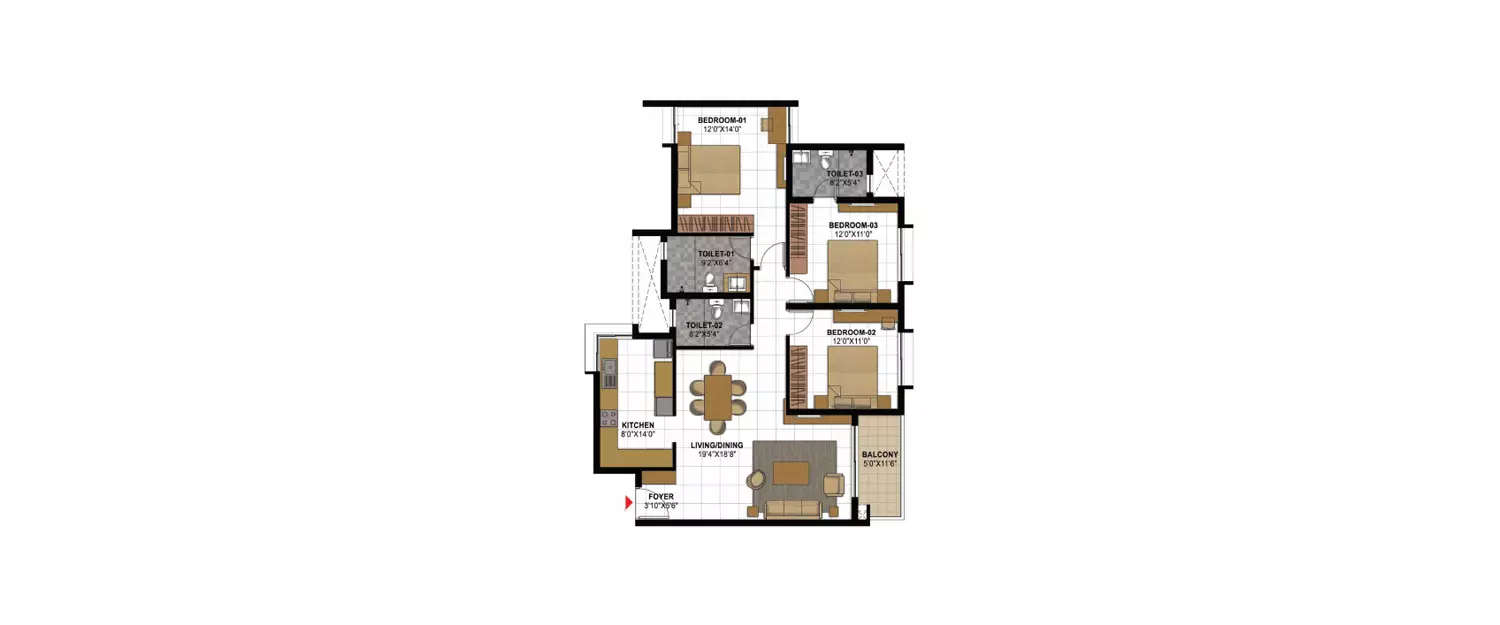 Floor plan for 3 BHK