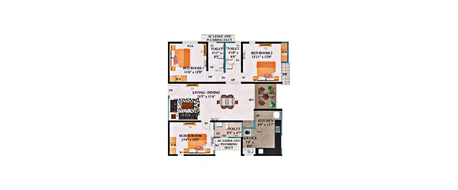 Floor plan for 3 BHK