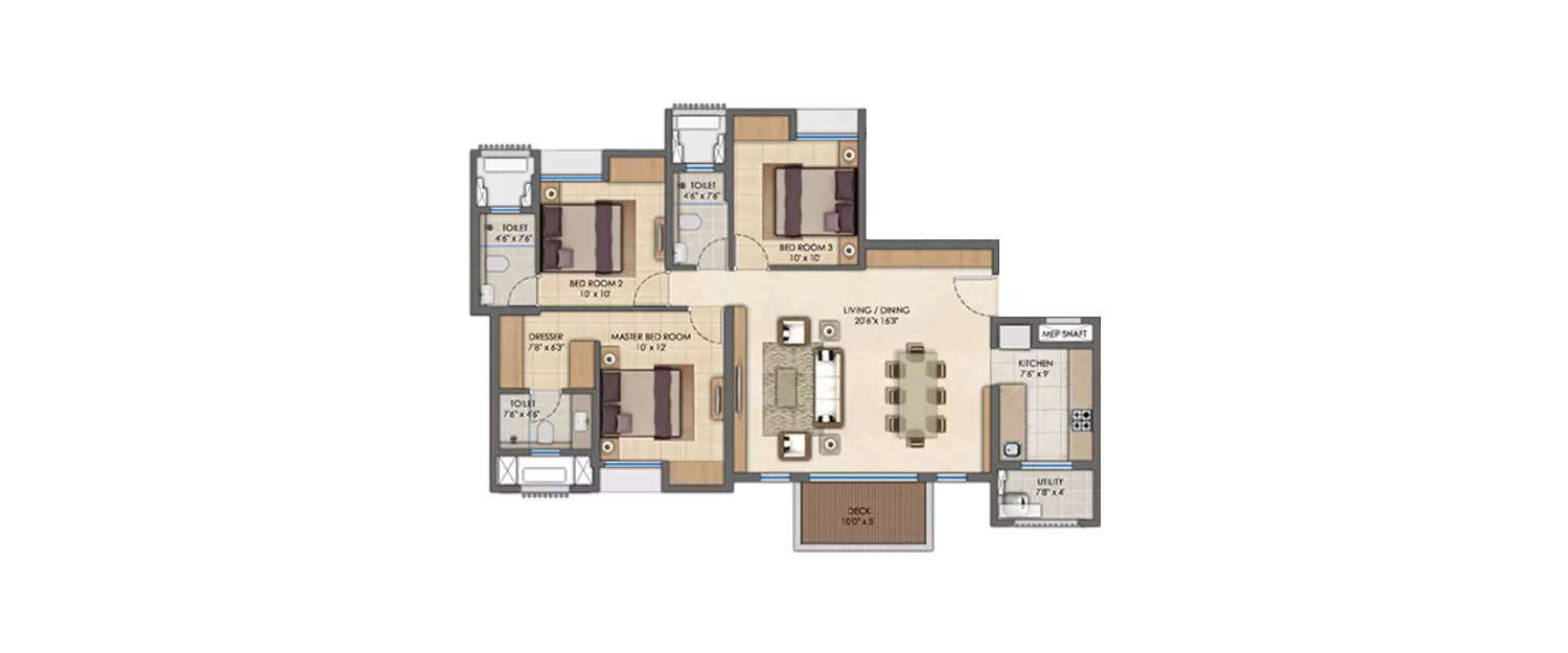 Floor plan for 3 BHK