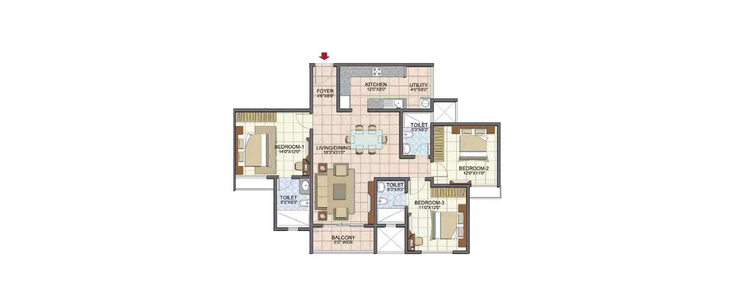 Floor plan for 3 BHK