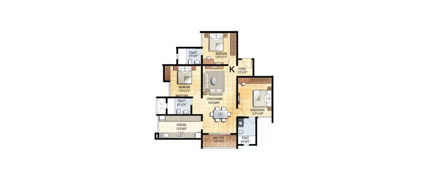 Floor plan for 3 BHK