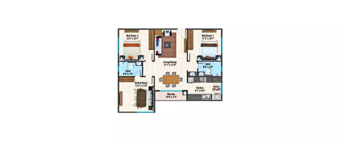 Peninsula Paramount Sarjapura - Floor plan 3 BHK 1262 Sq.ft