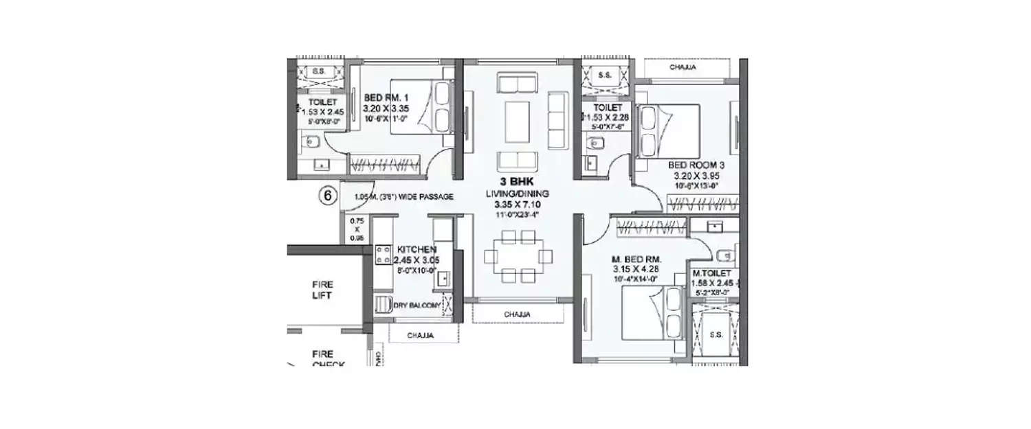 Floor plan for 3 BHK