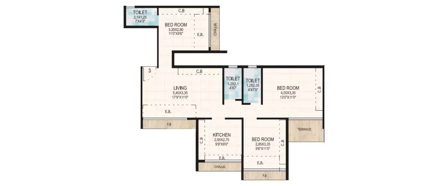 Floor plan for 3 BHK