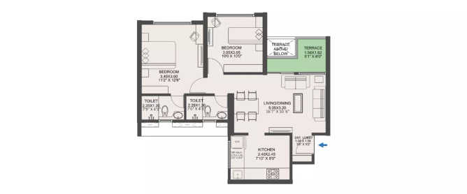 VTP Pegasus Kharadi - Floor plan 2 BHK 855 Sq.ft