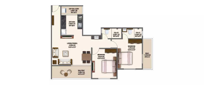 Mantra 99 Riverfront Baner - Floor plan 2 BHK 646 Sq.ft