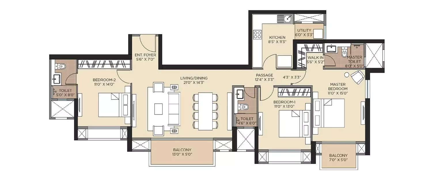 Floor plan for 3 BHK