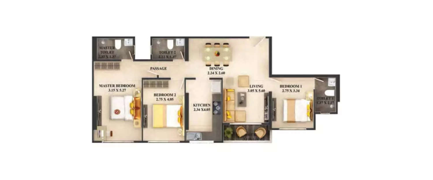 Floor plan for 3 BHK