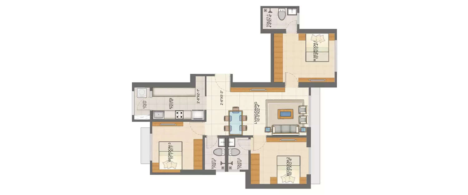 Floor plan for 3 BHK