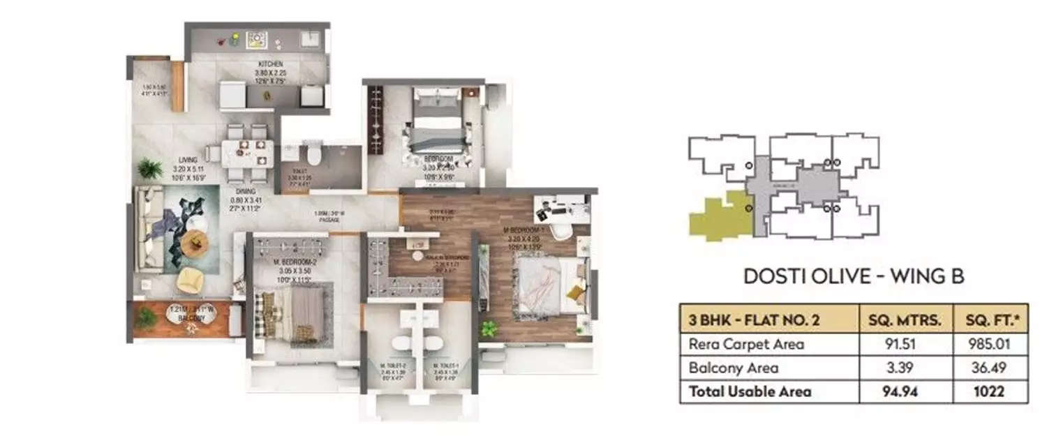 Floor plan for 3 BHK