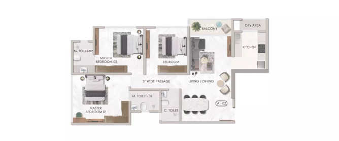 Sheth Chunabhatti Sion - Floor plan 3 BHK 972 Sq.ft