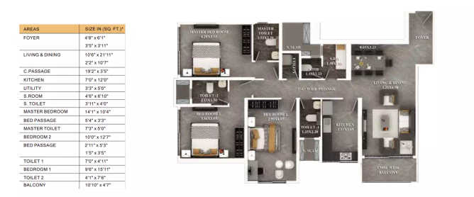 Dosti Eastern Bay Wadala - Floor plan 3 BHK 1191 Sq.ft