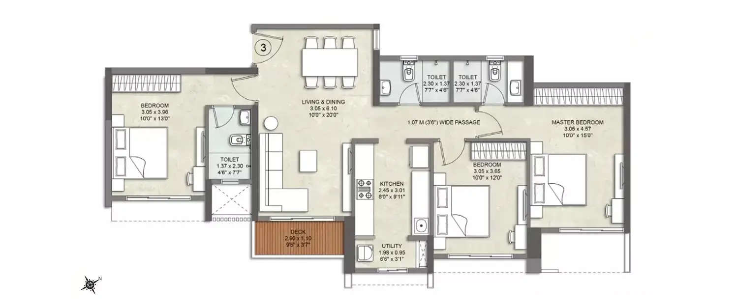 Floor plan for 3 BHK