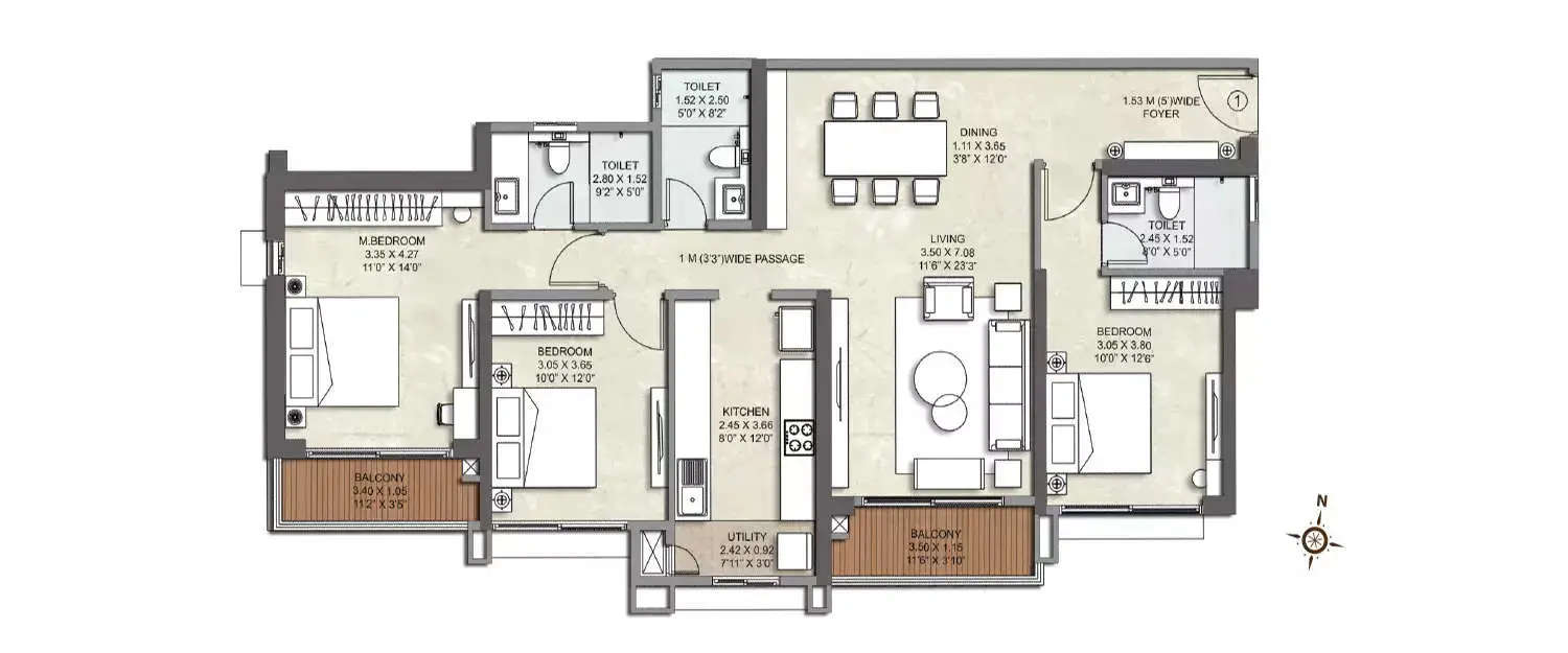 Floor plan for 3 BHK