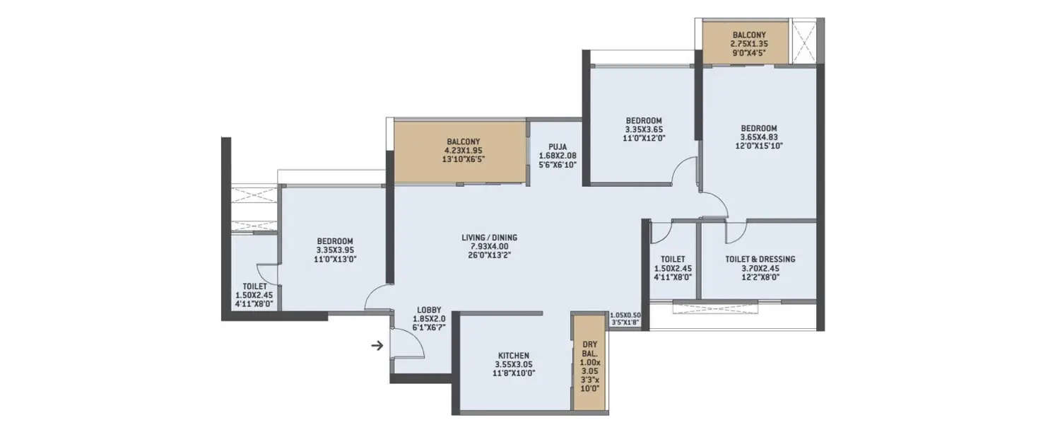 Floor plan for 3 BHK